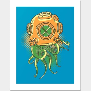 Octopus on the retro diving helmet Posters and Art